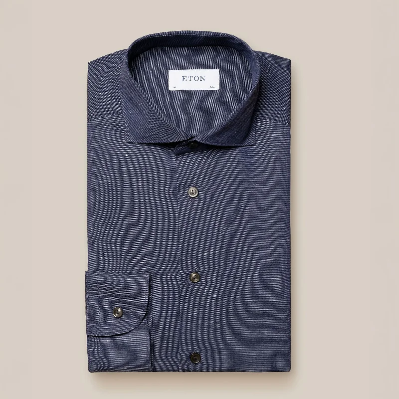 Navy Blue Solid Cotton-Linen Slim Fit Shirt - ETON