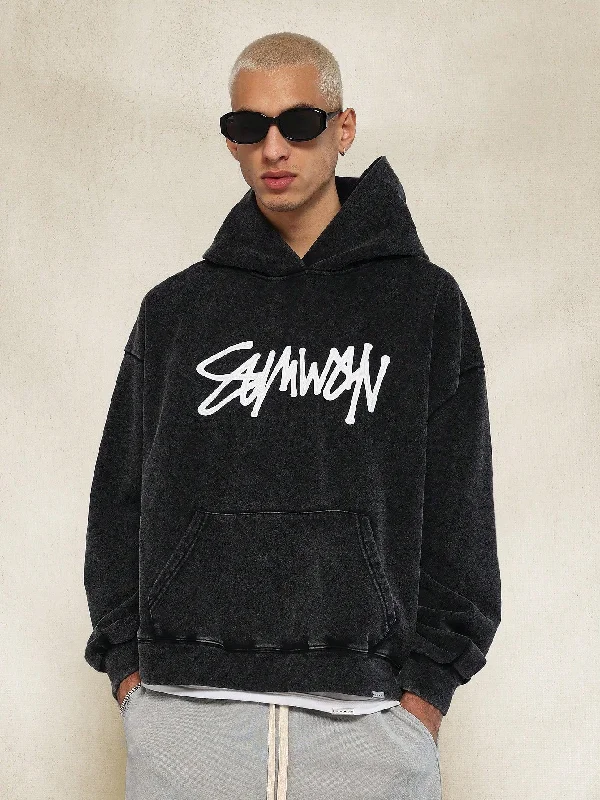 Regular Fit Washed Hoodie With Front Graffiti Graphic Print