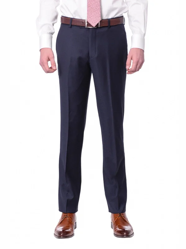 Mens Slim Fit Solid Navy Blue Flat Front Wool Dress Pants