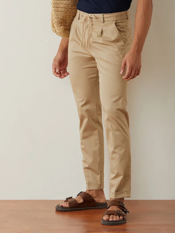 Beige Plain Cotton Loose Pants