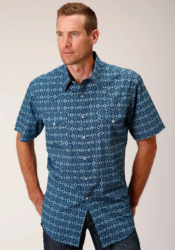 Roper Mens Mini Aztec Blue 100% Cotton S/S Shirt