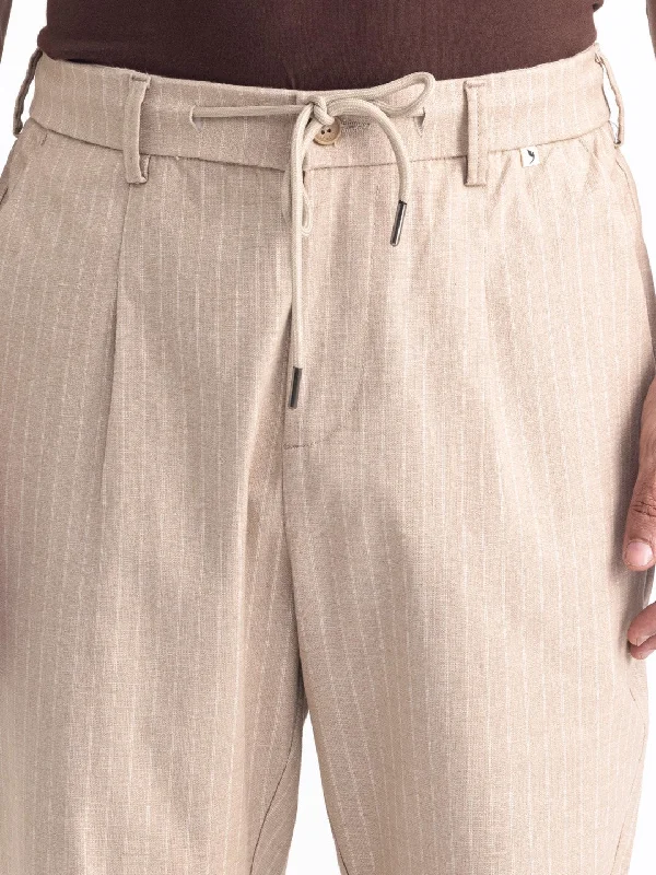 Beige Striped Loose Crop Travel Pant