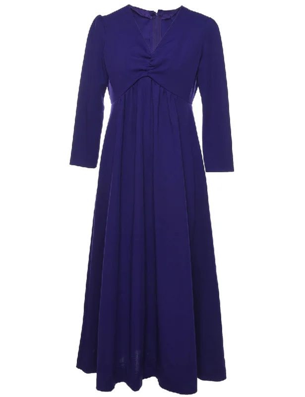 1970s Purple Ruched Long-Sleeve Maxi Dress - M