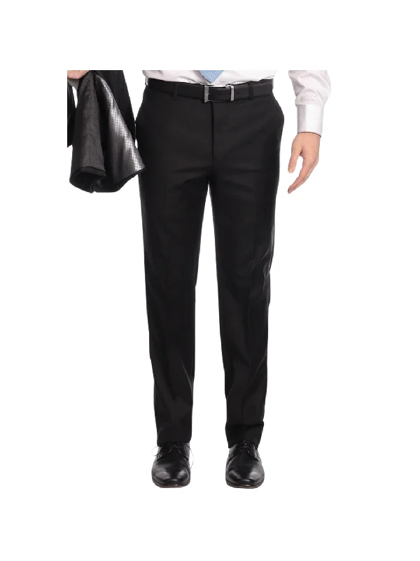 Mens Classic Fit Solid Black Flat Front Wool Dress Pants