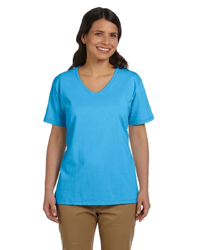 Hanes Ladies ComfortSoft V-Neck Cotton T-Shirt | Aquatic Blue