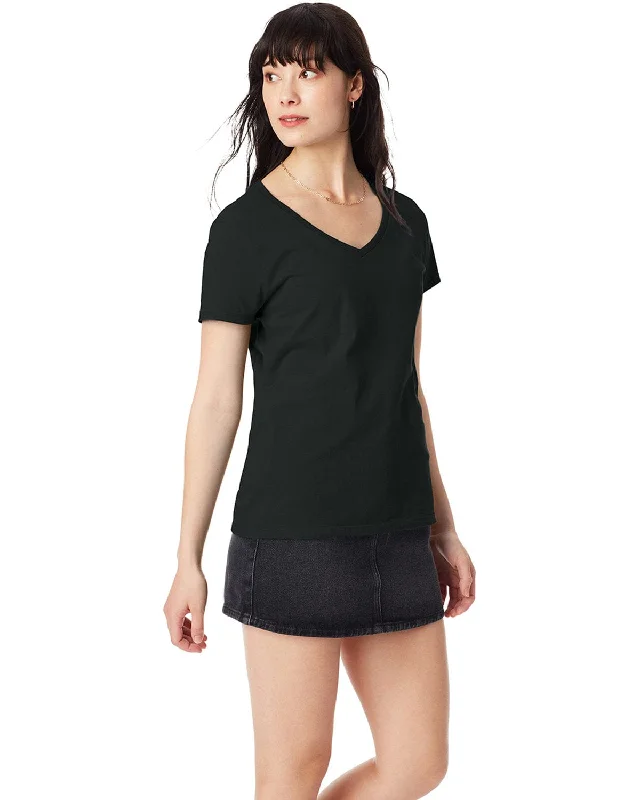 Hanes Ladies Ringspun Cotton Nano V-Neck T-Shirt | Black