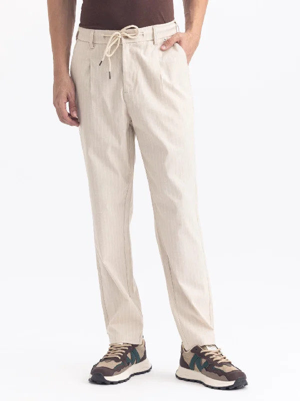 Cream Striped Loose Crop Travel Pant