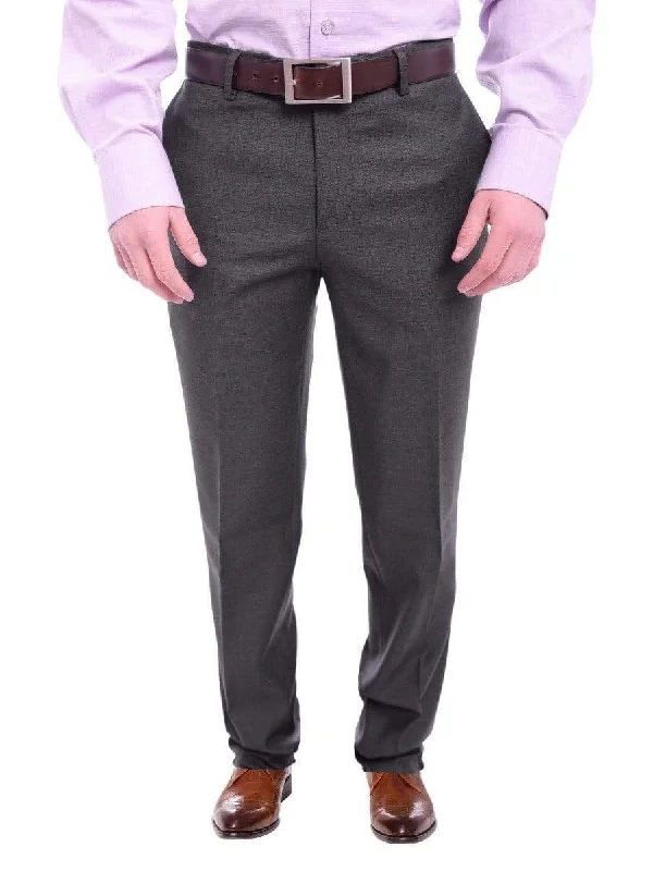 Mens Napoli Slim Fit Solid Charcoal Gray Flat Front Wool Dress Pants