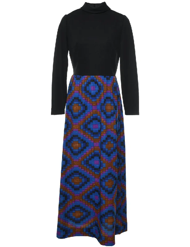 1970s Geometric Multi-Colour Maxi Dress - M