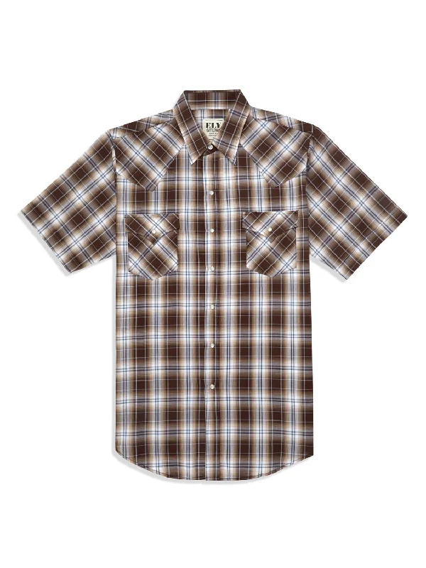 Ely and Walker Mens Plaid Snap Brown Poly/Cotton S/S Shirt