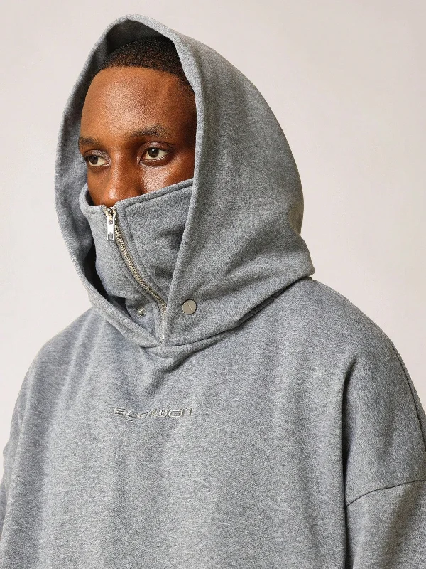 Masked Overhead Hoodie With Pleated Sleeve & Embroidery