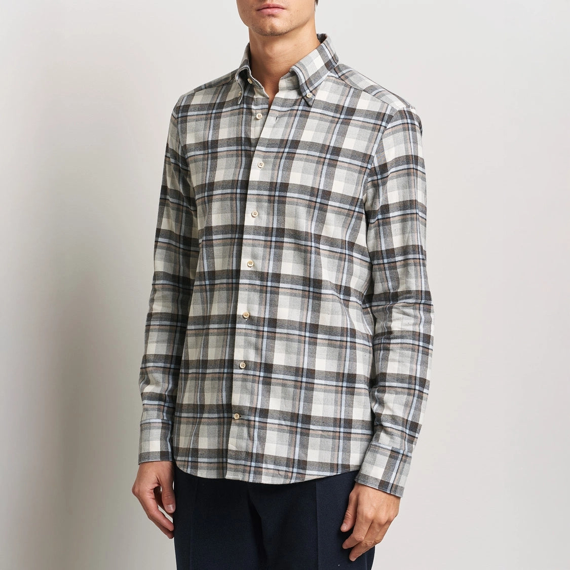 Blue & Gray Flannel Checked Fitted Body Shirt - Stenströms