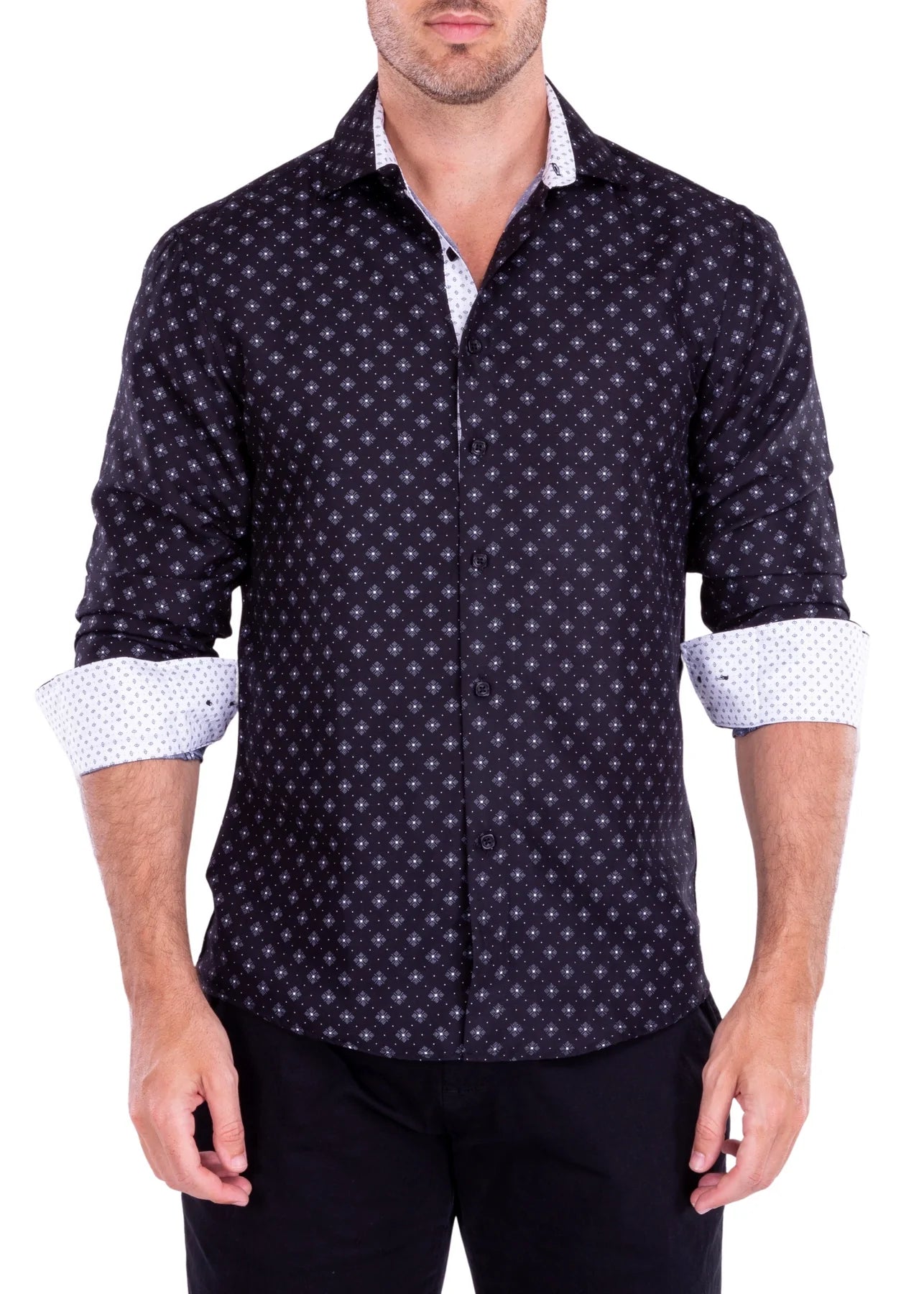 Bespoke Men's Fancy Cotton Sport Shirt Printed Long Sleeve-Black