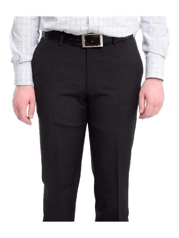 Napoli Slim Fit Black Subtle Tonal Plaid Flat Front Wool Dress Pants