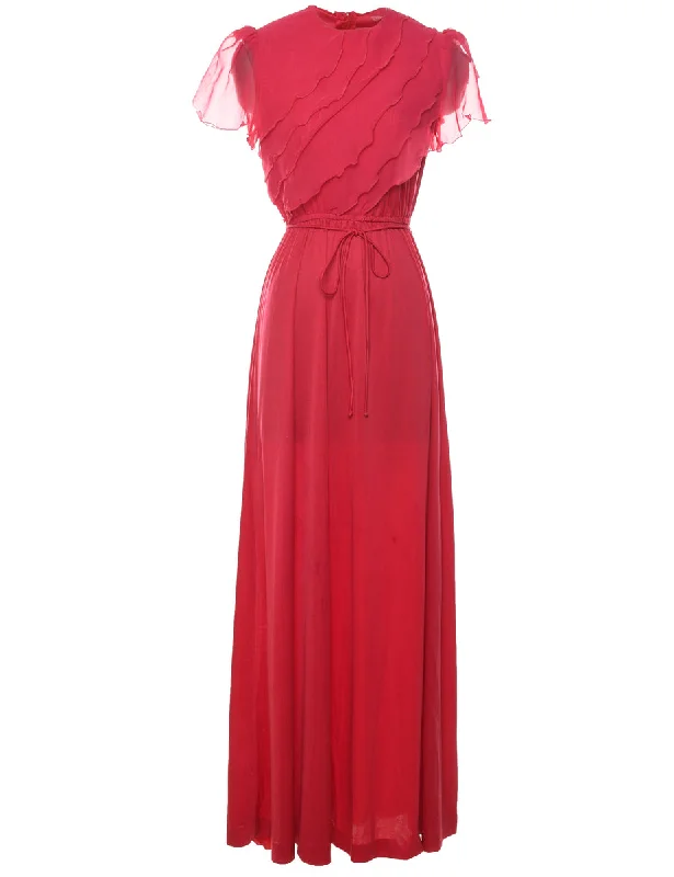 1970s Red Ruffled Sheer Detail Dress - M