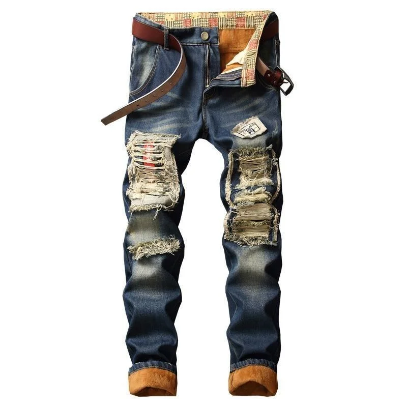 Ripped Fleece Winter Jeans For Men