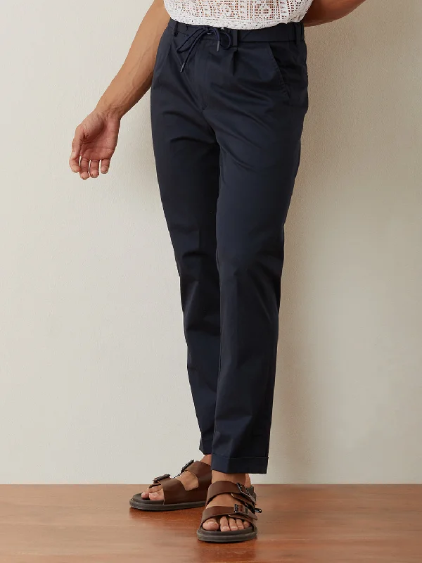 Navy Plain Cotton Loose Pants