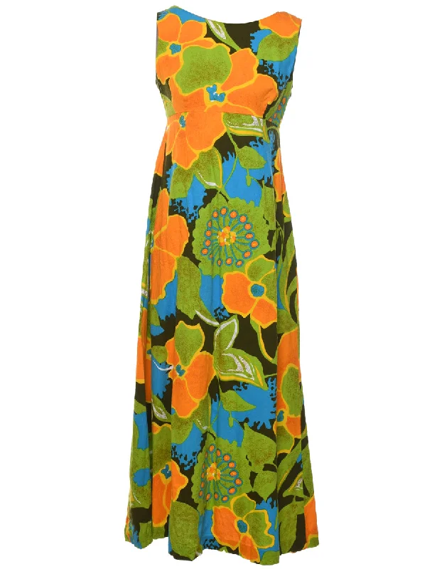 1970s Multi-Colour Floral Print Maxi Dress - S